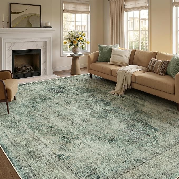 8x10 Muted Green Medallion Rugs for Living Room, Vintage Distressed Transitional Washable Large Rug for Bedroom Under Bed, Low Pile Thin Soft Carpet Rugs for Dining Room Office Modern Farmhouse