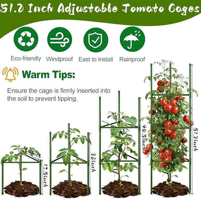 6 Pack Tomato Cages for Garden, 51.2 Inch Tall Adjustable Tower Tomato Trellis for Raised Garden Bed, Heavy Duty Metal Tomato Plants Support Stakes for Outdoor Pots Climbing Plants, Vegetables, Flower