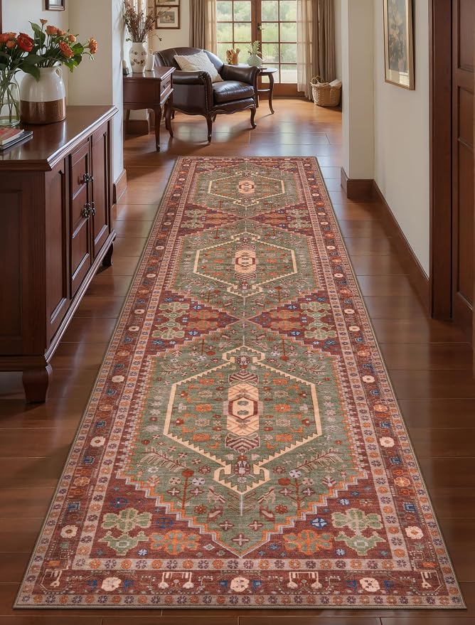 Ciicool 3x8ft Hallway Rug,Long Runner Area Rugs for Vintage Kitchen Decor | Oriental Non-Slip Vintage Indoor Soft Boho Entry Carpet for Entryway Bedroom Bedside Living Room,Terracotta/Green