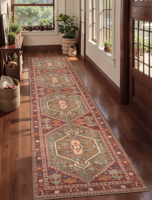 Ciicool 2x10ft Long Hallway Runner Rug,Thin Washable Carpet for Bedroom | Ultra Soft Vintage Oriental Entry Boho Area Rugs for Entrance Bedside Living Room Kitchen Laundry Room,Terracotta/Green
