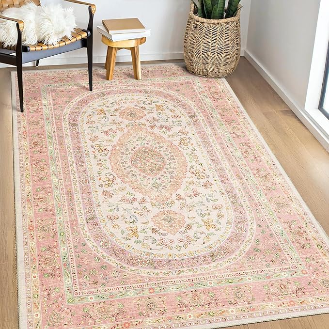 Pink Rug 3x5,Boho Washable Area Rugs for Bedroom Entryway | Small Vintage Distressed Farmhouse Non Slip Carpet for Living Room,Blush Floral