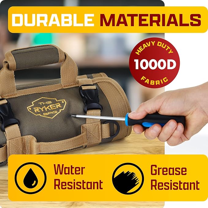 Ryker Original Heavy Duty Roll Up Tool Bag Organizer w/Detachable Pouches | Tool Roll Up Bag Dad Gifts for men / him. Portable Truck & Motorcycle accessories. Mechanic & Electrician Rollup Tools Bags