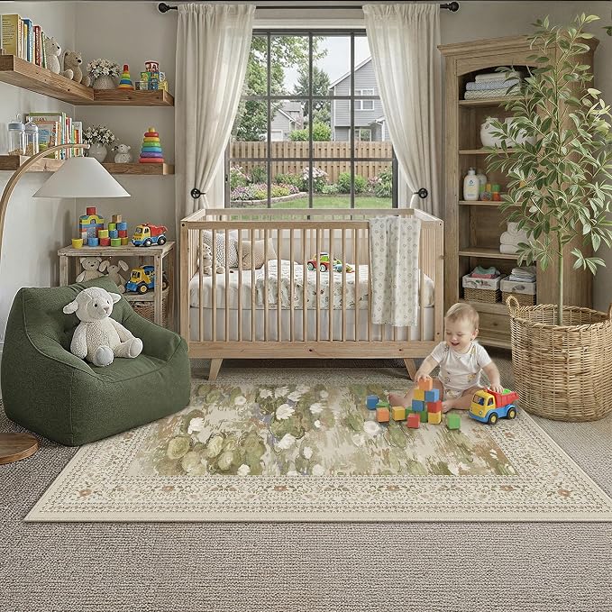 Beige Area Rug 3x5 Entryway Vintage Floral Non-Slip Carpet | Machine Washable, Soft, Low Pile, for Bedroom, Dining Room, Kids Room, Nursery, Office, Impressionist Farmhouse Decor