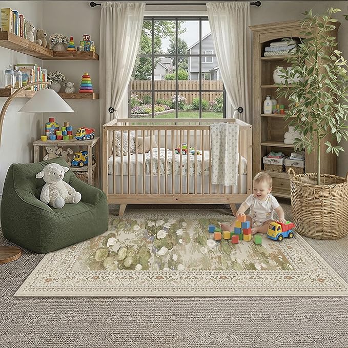 Beige Area Rug 4x6 Living Room Vintage Floral Non-Slip Carpet | Machine Washable, Soft, Low Pile, for Bedroom, Dining Room, Kids Room, Nursery, Office, Impressionist Farmhouse Decor