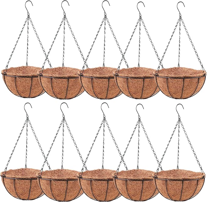 LaLaGreen Hanging Baskets for Plants Outdoor (10 Pack, 16 Inch) Extra Large Hanging Planter with Coco Liner, Round Metal Wire Flower Pot Holder Hanger Deck Porch Garden Balcony Natural Country Decor