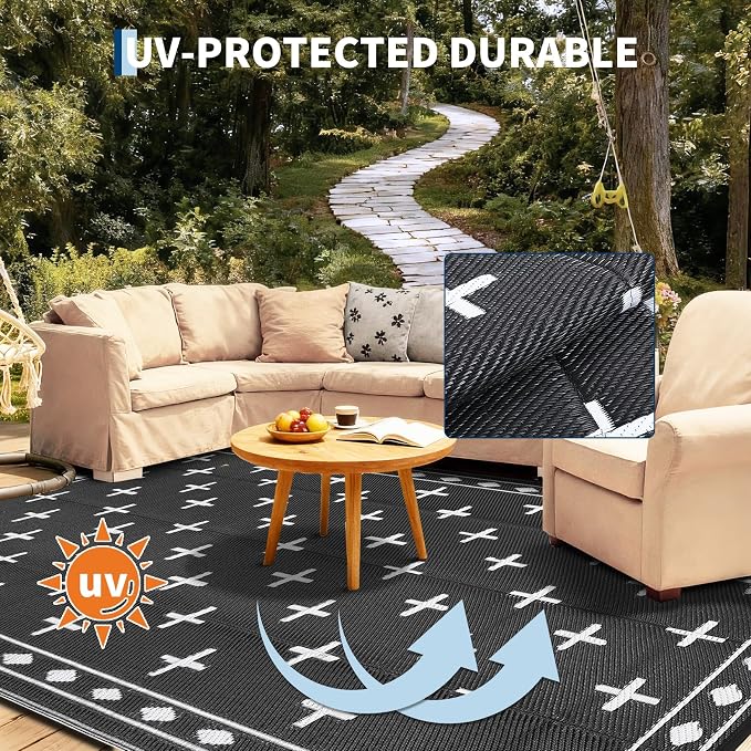 Outdoor Patio Rug 9x18 Waterproof Outside Area Rugs Modern Reversible Plastic Straw Carpet for RV Deck Camping Entryance Porch Picnic Balcony Beach，Black/White