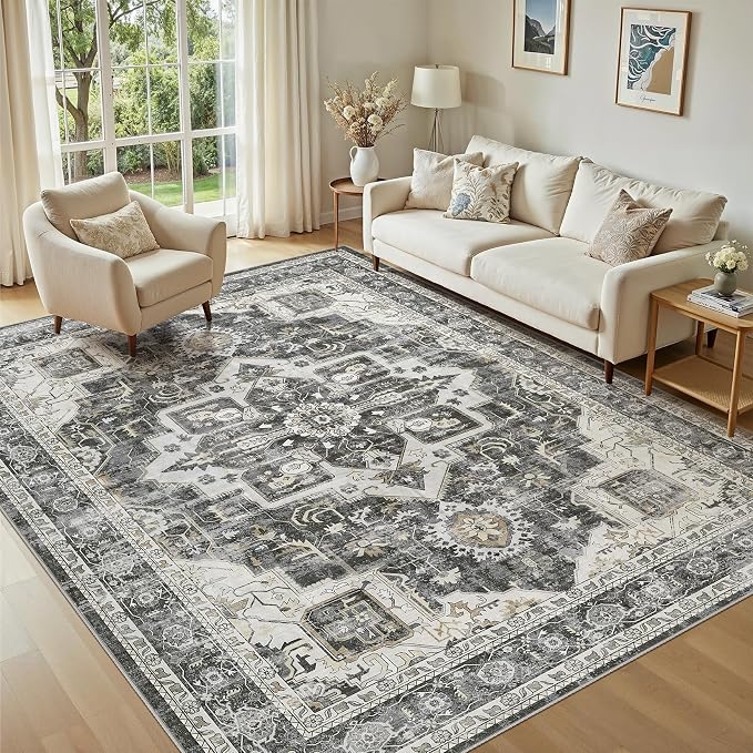 Vintage Washable 5x7 Area Rug for Living Room, Black | Soft Low Pile Rug with Non-Slip Backing, Stain Resistant for Bedroom or Dining Room, Kid & Pet Friendly