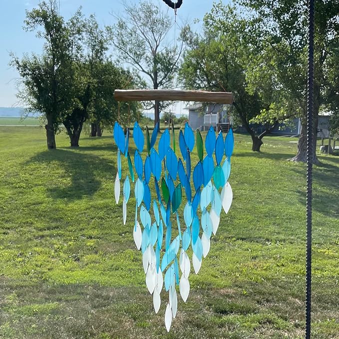 Blue Handworks Ocean Ombre Deluxe Waterfall Glass Wind Chime | Handcrafted Deluxe Waterfall Glass Wind Chime with Ombre Gradient from Deep Royal Blue to Soft Aqua and Frosted White