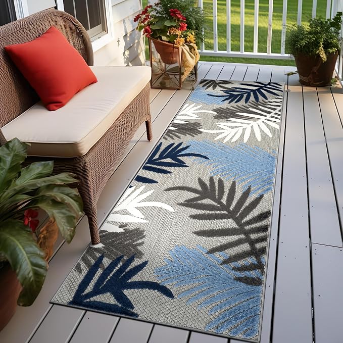 Rugshop Blue Palm Frond Indoor/Outdoor Runner Rug Easy Cleaning for Hallway, Kitchen and Entryway, 2'7" x 8'
