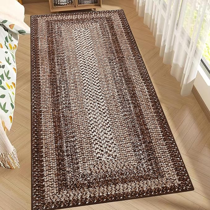 RUGSREAL 2x6 Runner Rug Braided Print Hallway Area Rugs Machine Washable | Throw Floor Cover Non Slip Modern Runner Carpet for Kitchen Farmhouse Rustic Carpet for Living Room Bedroom, Brown