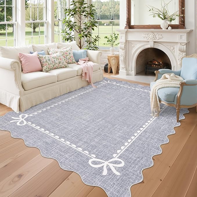 GarveeHome Scalloped Bow Rug 9x12 Washable Grey Rug for Bedroom Living Room | Non Slip Soft Low Pile Large Indoor Carpet for Nursery Girls Bedroom Decor Hallway Kids Room College Dorm Playroom