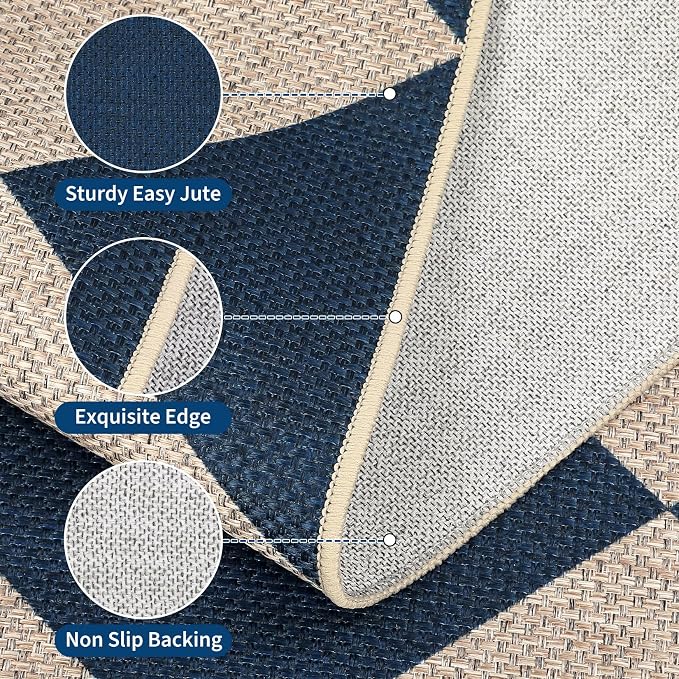 GarveeHome Checkered Easy Jute 3x5 Entryway Rug Machine Washable Outdoor Patio Rug Non-Slip Backing Checkerboard Indoor Outdoor Carpet for Hallway Bathroom Kitchen Bedroom Navy Blue
