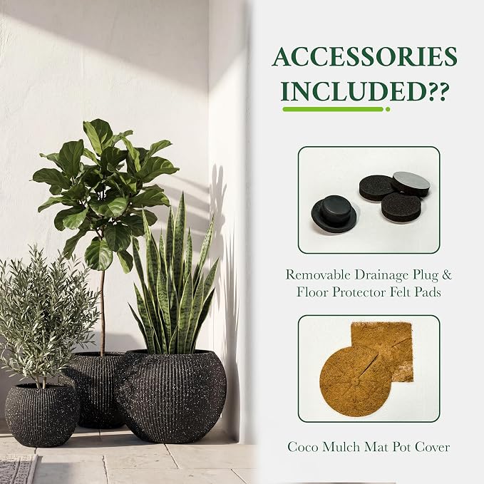 DTY Premium Mt Sherman Fiberstone Sphere Planter for Indoor Outdoor Use, Round Pot for Olive Tree, Lightweight, Smooth Finishes. 2 Coco Mats. Ribbed Black, Small 12.6" D x 10'' H. 8.5” Pot Opening