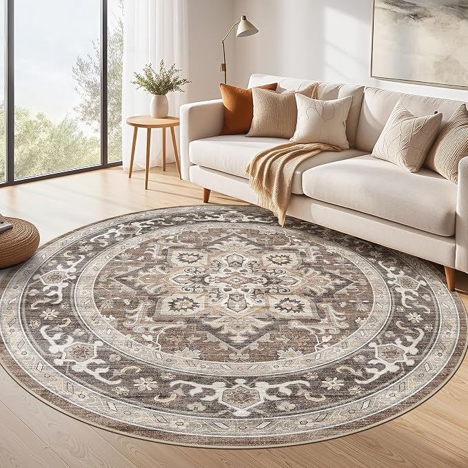 Round Washable Area Rug 8ft, Boho Vintage Distressed Oriental Medallion, Neutral Blue, Thin Carpet for Living Room Bedroom Home Office Decor -Dark Brown