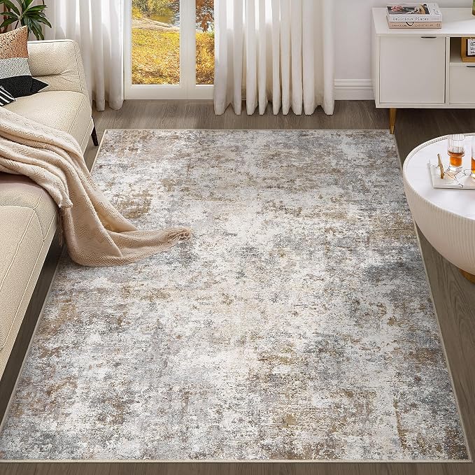 UERMEI 4x6 Area Rug Living Room Rugs Washable Neutral Brown Grey Carpet | Modern Abstract Non-Slip Soft Low Pile Floor Rugs for Bedroom Dining Room Home Office Indoor Decor