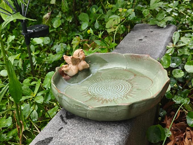 9.45inch Ceramic Ground Bird Bath Bowl for Outside, BirdBath Bowl Only, Ground Bird Feeders and birdbath for Outdoors, Tabletop，Balcony and Garden(Angel)