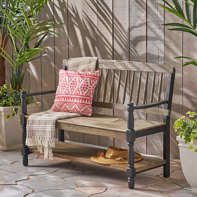 Great Deal Furniture Christopher Knight Home Daphne Outdoor Acacia Wood Bench with Shelf, Gray and Black Finish