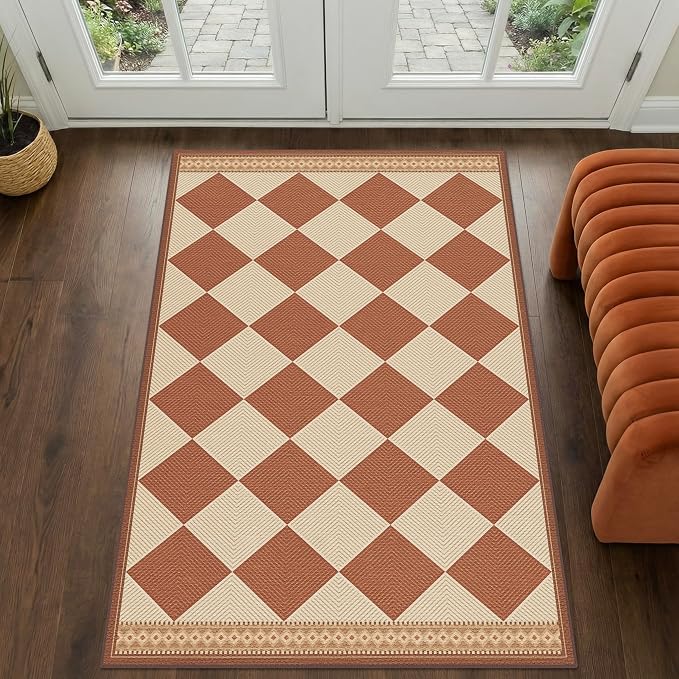 Terracotta Beige Diamond Checkered 3x5 Entryway Rug, Boho Easy Jute Indoor Outdoor Rug, Modern Farmhouse Washable Non Slip Porch Patio Rug for Kitchen, Balcony, Bedroom, Laundry Room, Mudroom