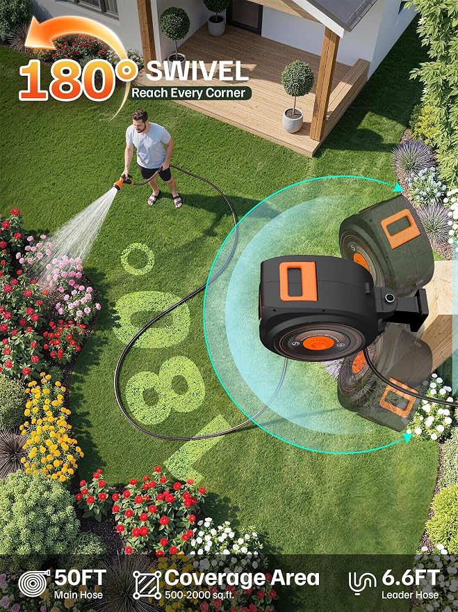 Mars Villa Retractable Garden Hose Reel 1/2 IN x 50 FT, Wall Mounted Heavy Duty Water Hose for Outside, Auto-Rewind & Any Length Lock, 180° Swivel Bracket, Slow Return, 10 Spray Patterns, UV-Resistant