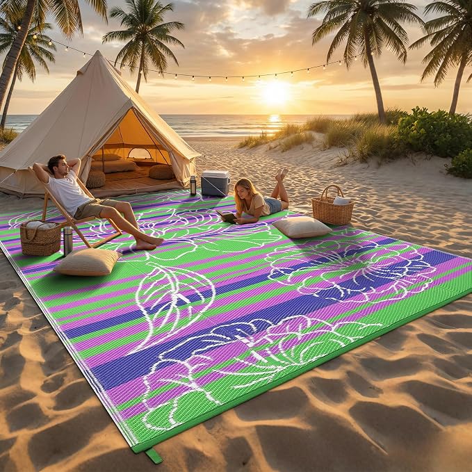 Garvee 8x10 Outdoor Waterproof Rug, Floral Outdoor Area Rug，Reversible Plastic Straw Patio Rug, Portable Camping Mat for RV, Picnic, Beach, Balcony, Garden & Camping Green
