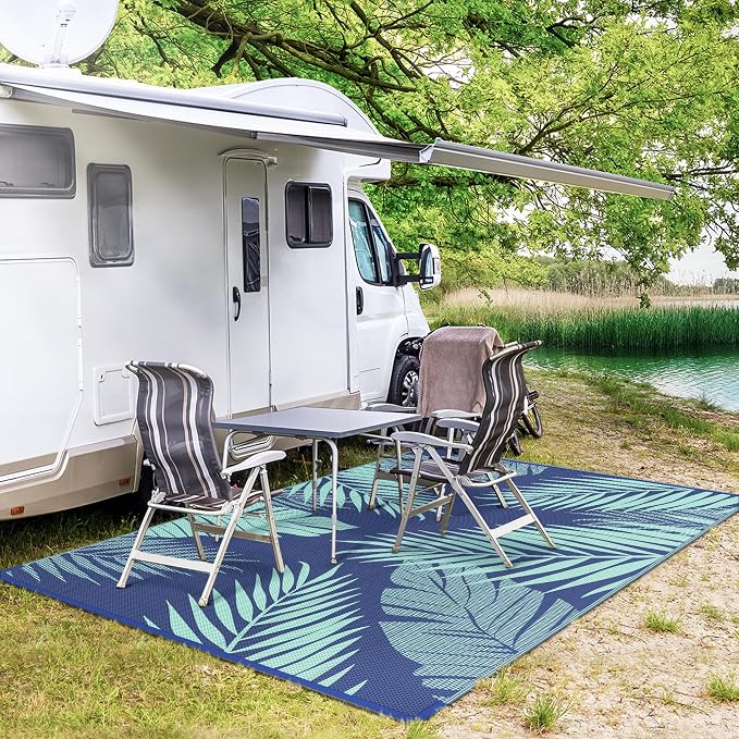 GENIMO Outdoor Rug 9' x 12' Waterproof for Patios Clearance, Reversible Outdoor Plastic Straw Camping Rug Carpet, Large Area Rugs Mats for RV, Camper, Deck, Balcony, Porch, Beach Royal Blue&Blue Green