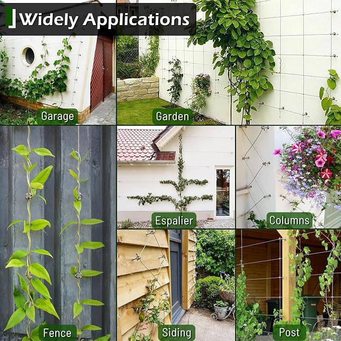 20-Set PVD Black 1/8" Wire Trellis for Climbing Plants Outdoor with 98ft Vinyl Coated Cable, T316 Stainless Steel Wall Wire Trellis Kit