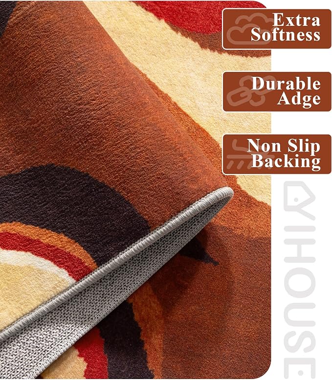 Burnt Orange Rug 4x6 Washable,Farmhouse Brown Retro Carpets,Geometric Abstract Wavy Rug for Bedroom,Unique Colorful Rugs for Living Room,Dining Room,Bedside Rugs