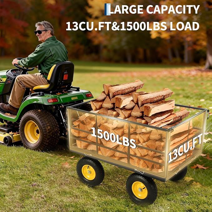 Garvee 1500 LB Garden Dump Cart with 13 in All Terrain Tires, 3-in-1 Yard Wagon Cart with Removable Side Panels, Heavy Duty Outdoor Metal Utility Wagon Yard Trailer for Outdoor Lawn, Yard, Backyard | 13 in All Terrain Tires, 3-in-1 Utility Yard Wagon C...