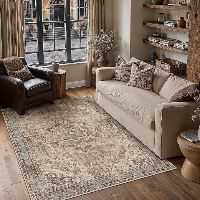 Brown Area Rug 4x6 Living Room Vintage Floral Non-Slip Carpet | Machine Washable, Soft, Low Pile, for Bedroom, Dining Room, Kids Room, Nursery, Office, Retro Farmhouse Decor