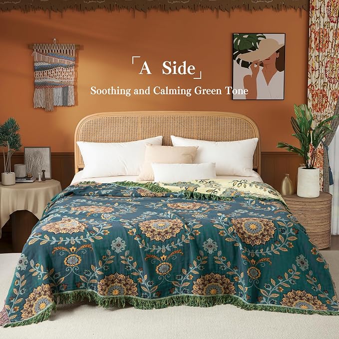 Phuryllic Boho Throw Blanket Twin Size, Soft Cozy Cotton Muslin Quilt Blanket for Bed Decor, Floral Patterned Couch Sofa Chair Cover, Vintage Farmhouse Cottage Tapestry Woven Blanket, Green&Beige
