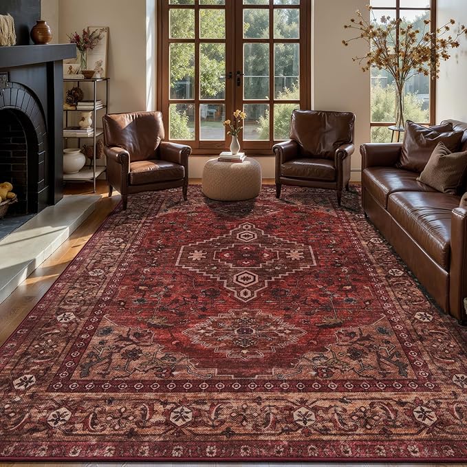 Tangsoo Red 8x10 Washable Area Rugs for Living Room, Non Slip Large Rug | Oriental Indoor Print Carpet, Boho Soft Low Pile Vintage Foldable Floor Rug for Bedroom Dining Room Dorm Dark Red Home Decor