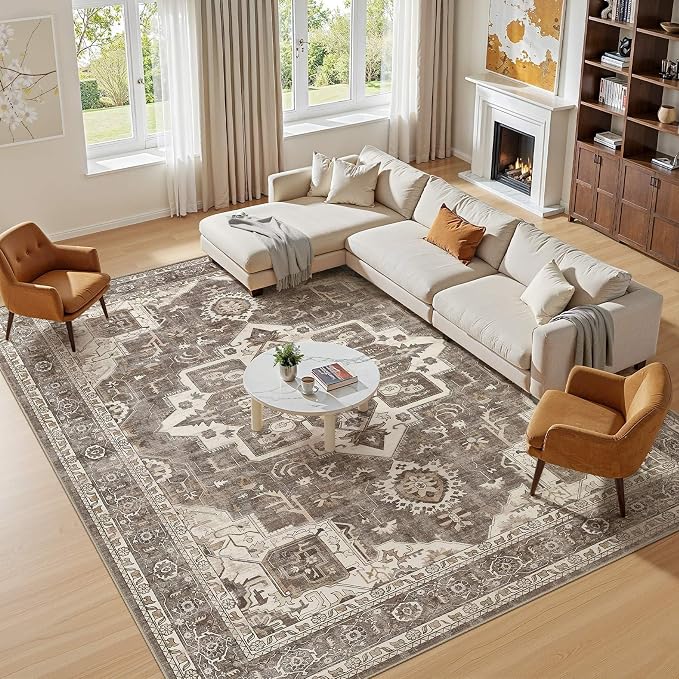 Vintage Washable 8x10 Area Rug for Living Room, Brown | Soft Low Pile Rug with Non-Slip Backing, Stain Resistant for Bedroom or Dining Room, Kid & Pet Friendly