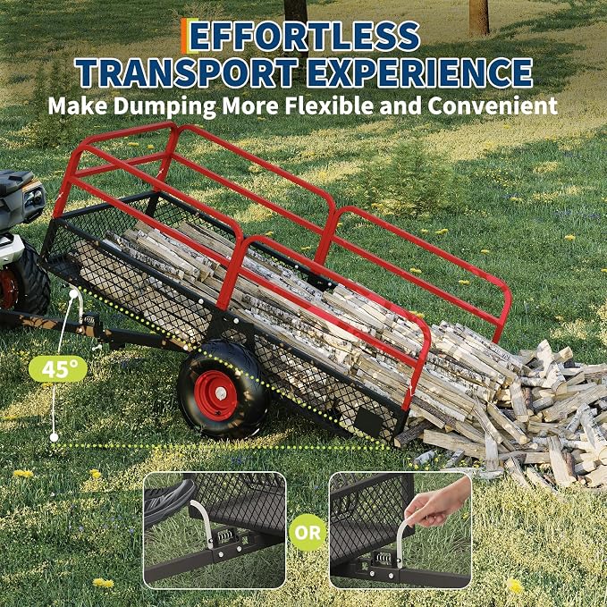 PeakPursuit Tow Behind Steel Dump Cart, Heavy Duty Yard Garden Trailer with Removable Sides & All Terrain Tires, Fits Lawn Mower, Tractor, Garden Cart, 1600 lbs 22 Cubic Feet, Red