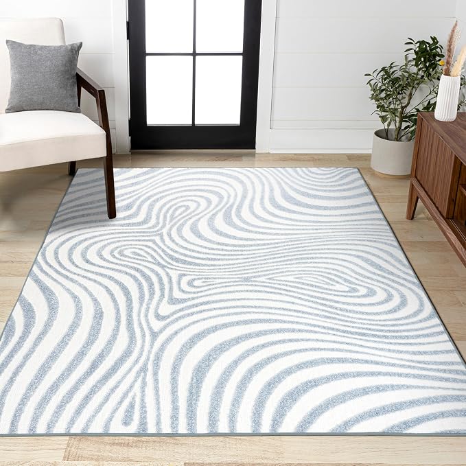 JONATHAN Y Maribo High-Low Abstract Striped Light Blue/Ivory 6x9 Indoor/Outdoor Area Rug, Pet Friendly, Non-Shedding, Stain Resistant, Easy-Cleaning for Backyard, Patio (SCN103C-6)