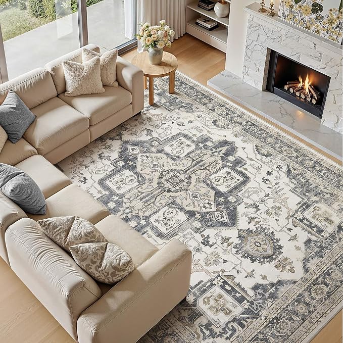 Vintage Washable 5x7 Area Rug for Living Room, Heathered Grey | Soft Low Pile Rug with Non-Slip Backing, Stain Resistant for Bedroom or Dining Room, Kid & Pet Friendly