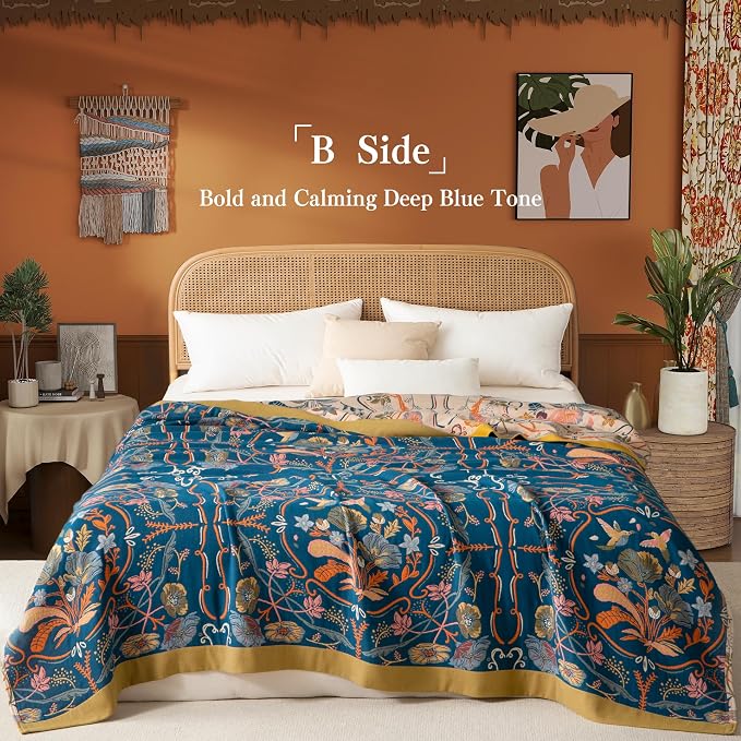 Phuryllic Boho Throw Blanket Twin Size, Soft Cozy Cotton Muslin Quilt Blanket for Bed Decor, Floral Patterned Couch Sofa Chair Cover, Vintage Farmhouse Cottage Tapestry Woven Blanket, Yellow&Blue