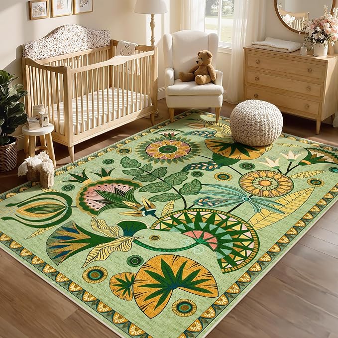 Joydeco Egypt Floral Boho Washable 5x7 Rug for Bedroom Nursery Living Room | Sage Green Botanical Colorful Non Slip Soft Stain Resistant Flower Indoor Carpet for Dining Room Entryway Guest Room Playroom