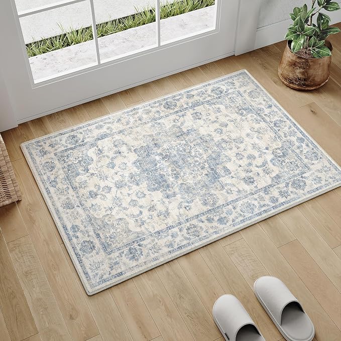 2x3 Blue Neutral Area Rug | Washable, Non Slip, Soft Low Pile, Vintage Farmhouse, for Entryway Kitchen Bathroom Living Room Bedroom Indoor Home Decor