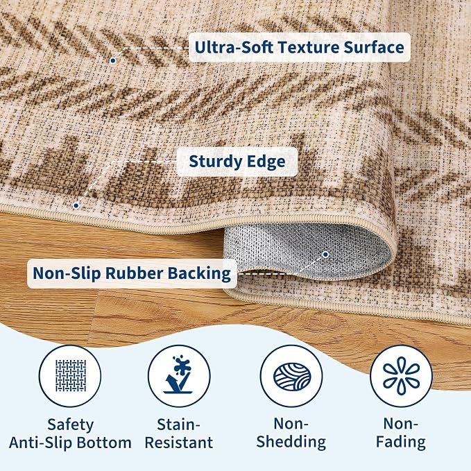 Washable Rugs 5x7 Unique Bordered Geometric Rug for Living Room, Modern Neutral Carpet with Non Slip TPR Backing,Stain-Resistant Non Shedding Floor Covering, Low Pile Foldable Mat for Nursery,Tan