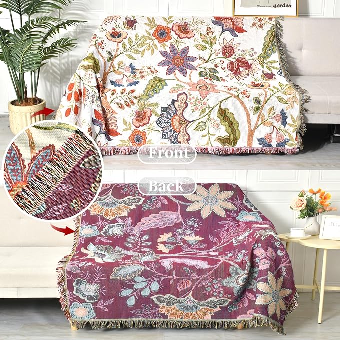 Boho Throw Blanket Reversible Cotton Bohemian Tapestry Hippie Room Decor Double Sided (Boho Flower Dark 50"x60")