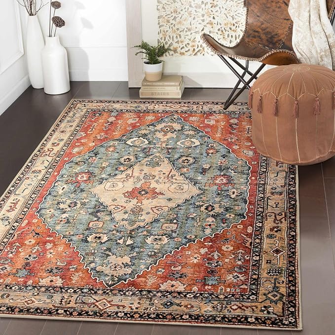 Lahome Felice Boho Tribal 3x5 Washable Entry Throw Rugs for Bedroom, Bohemian Entryway Kitchen Rugs Non Slip Washable, Indoor Low-Pile Carpet for Bathroom Living Room (Rust/Dull Teal,3x5ft)