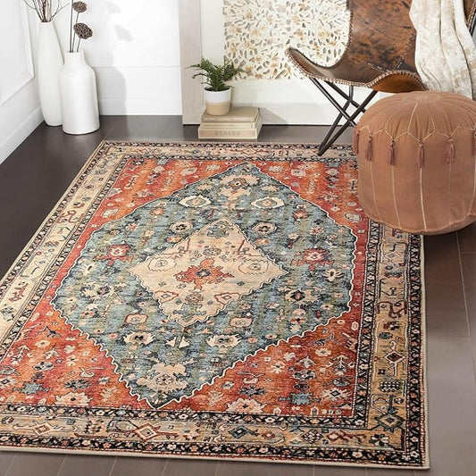 Lahome Felice Boho Tribal 3x5 Washable Entry Throw Rugs for Bedroom, Bohemian Entryway Kitchen Rugs Non Slip Washable, Indoor Low-Pile Carpet for Bathroom Living Room (Rust/Dull Teal,3x5ft)