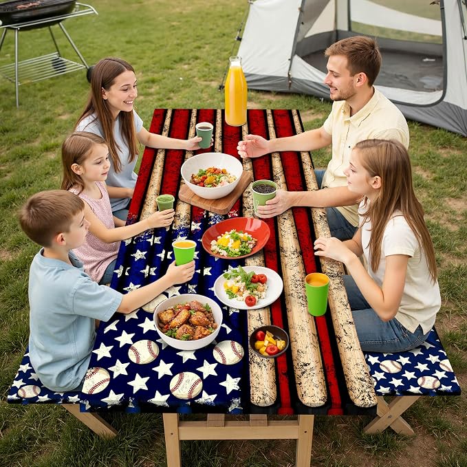 Picnic Table Cover with Bench Covers Elastic,Fitted Table cloths for Rectangle Tables 6 Foot Washable,Waterproof Tablecloth for Outdoor Camping Essentials Accessories(6 Foot,American Baseball)