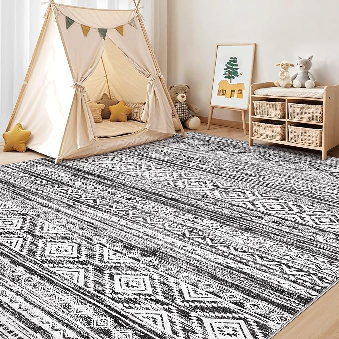cotiled 10x13 Area Rugs Washable Boho Living Room Rug White/Black | Solve Modern Neutral Trendy Home Decor - Stain Resistan Carpet for Bedroom Farmhouse white Black