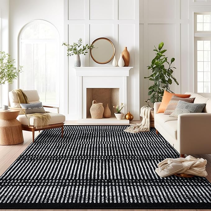 Rugshop Contemporary Stripe Lines High Traffic Area Rug Black 7'10" x 10' | Rectangular, Size 7'10" x 10', Living Room, Bedroom, Dining Room, Home Office, Kitchen, Entryway, Hallway, Nursery, Kids Room
