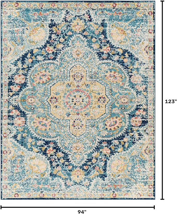 Livabliss Area Rugs - 8x10 Romaine Vintage Boho Navy Sky Blue Rose Area Rug for Living Room Bedroom - Floral Medallion Stain Resistant Carpet for Kitchen, Nursery, Office (7'10" x 10'3")