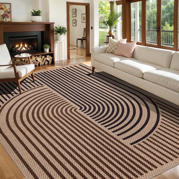 Tangsoo Rainbow Easy Jute Rug 6x9 Washable Area Rugs for Living Room,Black Brown Non Slip Indoor Outdoor Carpet,Farmhouse Modern Office Mat for Backyard Dining Room Patio Bedromm