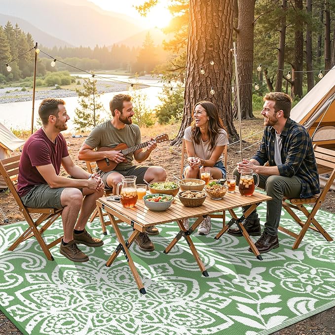 Findosom Waterproof Outdoor Rug 5' x 8' - Reversible Mandala Outdoor Plastic Straw Rug, Durable Foldable Patio Rug for RV, Deck, Balcony, Backyard, Picnic, Porch, Camping, Beach, Green