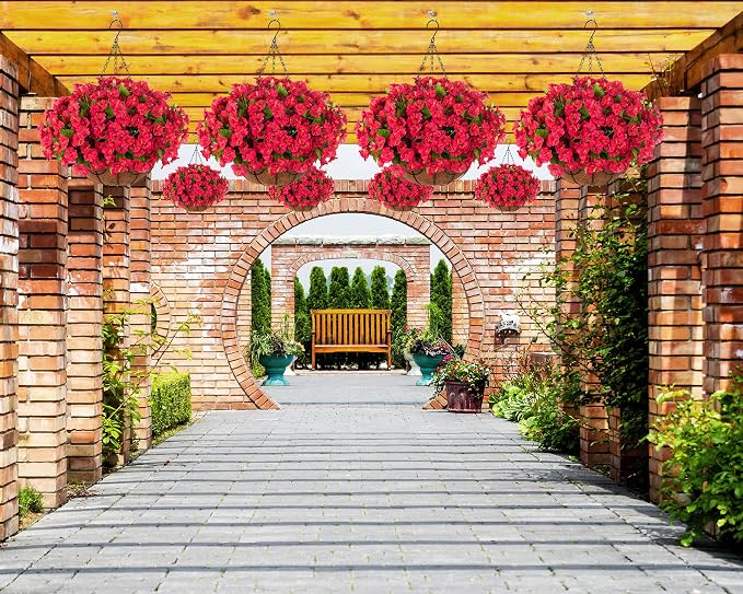 Ammyoo Artificial Hanging Flower Plants with Basket for Outdoor Decoration, Faux Petunias Flowers Fake Morning Glory Plants for Hanging Outside Patio Garden Porch Balcony Yard Spring Decor(Red)