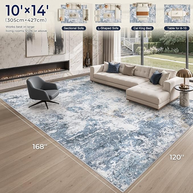 DMOYEST 10x14 Area Rug for Living Room Washable Abstract Indoor Carpet | Neutral Modern Low Pile Rugs Kid & Pet Friendly Large Soft Thin Carpet for Bedroom Dining Room - Blue